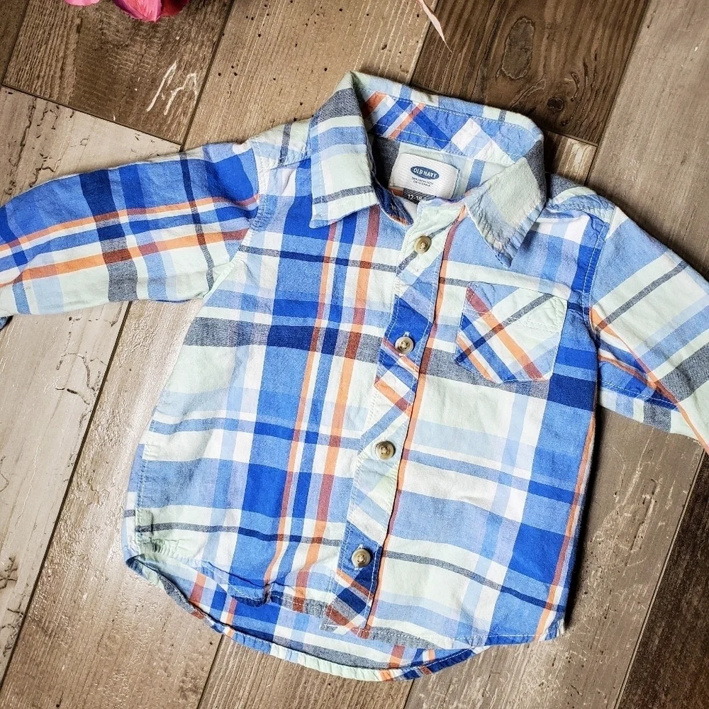 Old Navy Boys 12-18m Plaid Button Down Shirt Blue Orange EUC